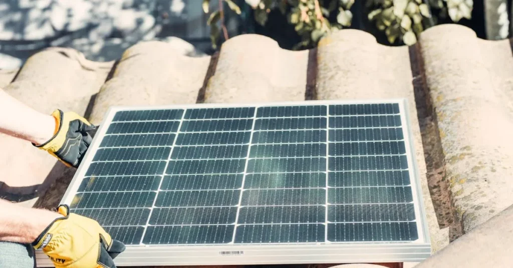 uomo conguanti che tiene appoggiato per terra un pannello fotovoltaico