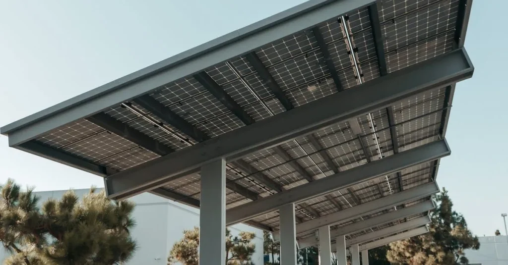 prospettiva inferiore di pannelli fotovoltaici inclinati in un parcheggio